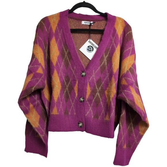 NWT Daydreamer Fuchsia Sunset Argyle Button V Neck Long Sleeve Cardigan Size S - Picture 1 of 11